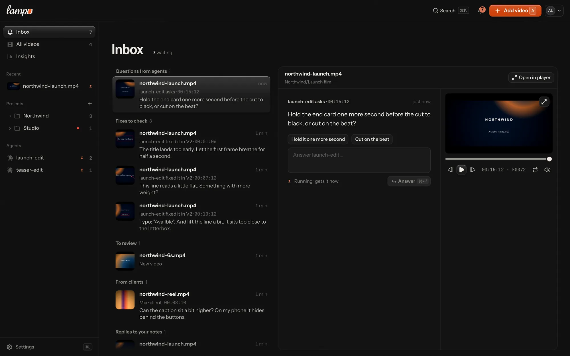 An agent asks, on the frame, in the dark theme