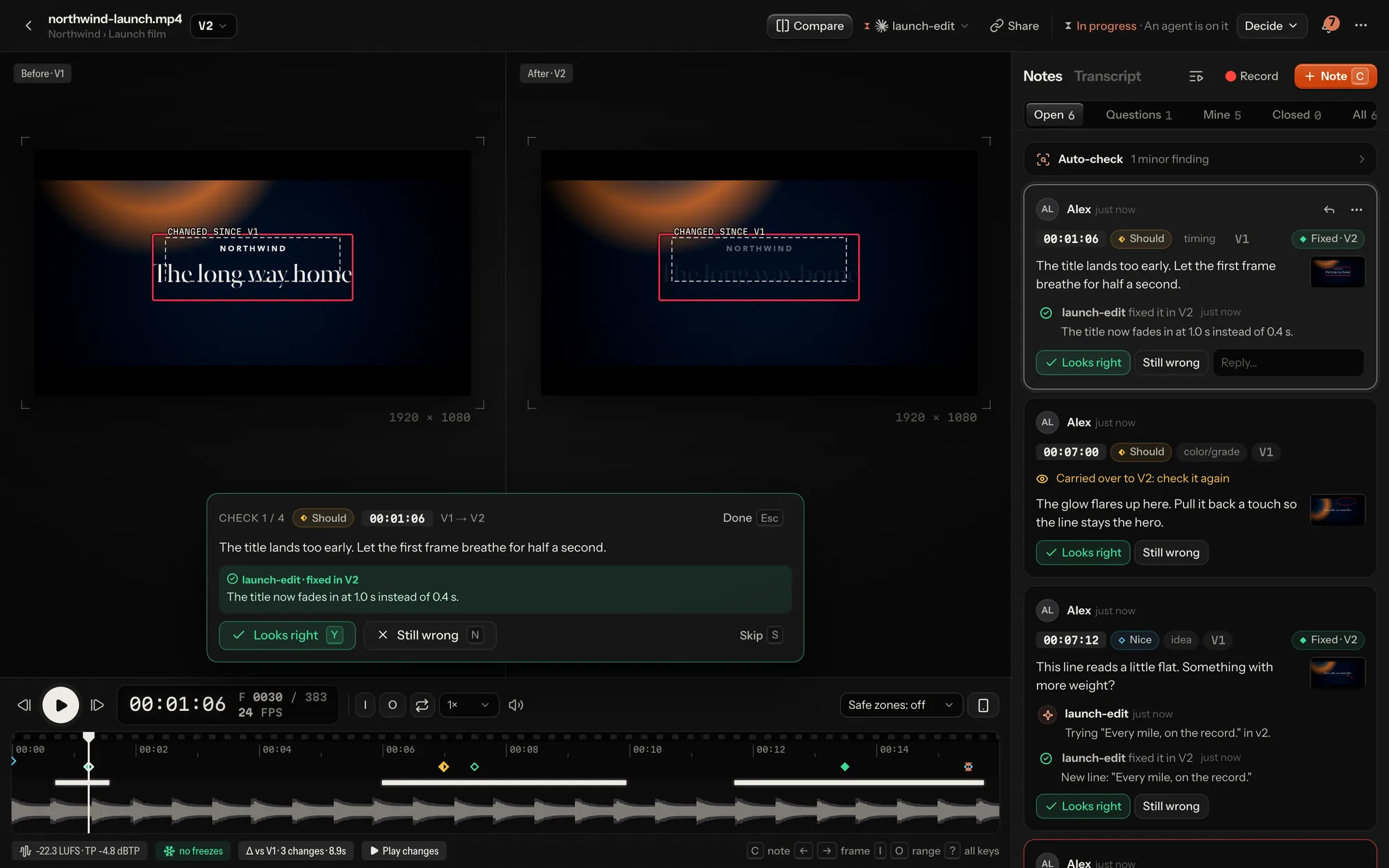 Checking a fix on its frame, in the dark theme