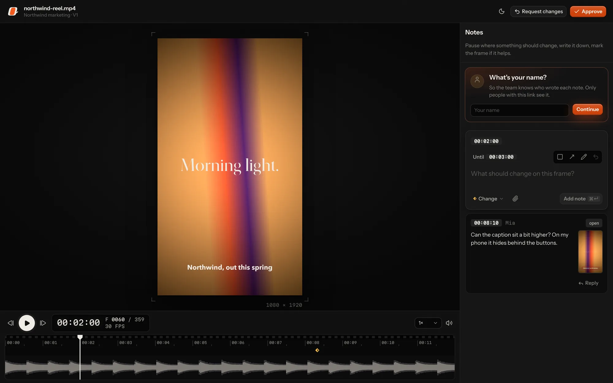 A client’s review link, in the dark theme