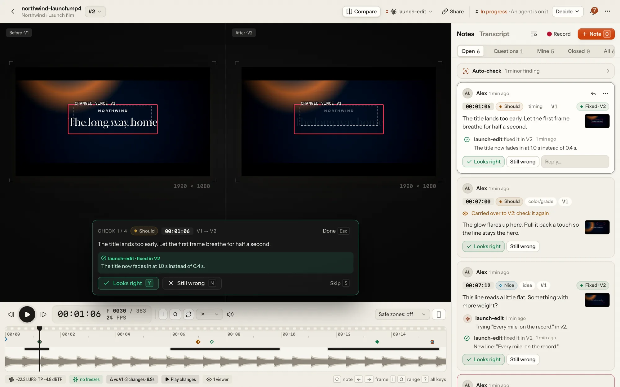 Checking a fix on its frame, in the light theme