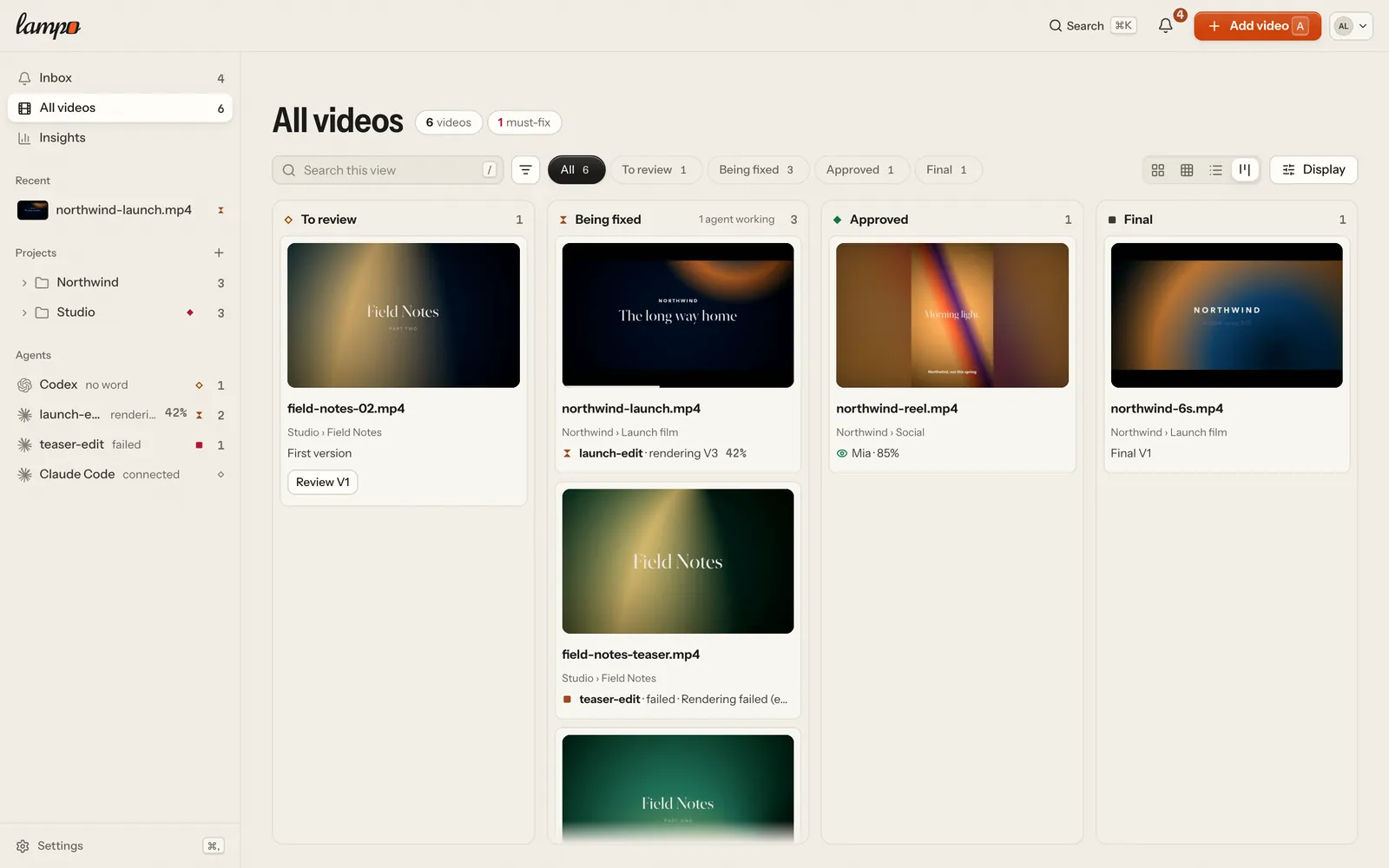 The board: To review with a new V1, Being fixed with each agent’s work in a line (rendering V3 at 42 % with a thin edge along the poster’s foot, a render that failed, an agent not heard from), Approved with “Mia · 85%”, and Final; the sidebar’s Agents say the same in a word or two