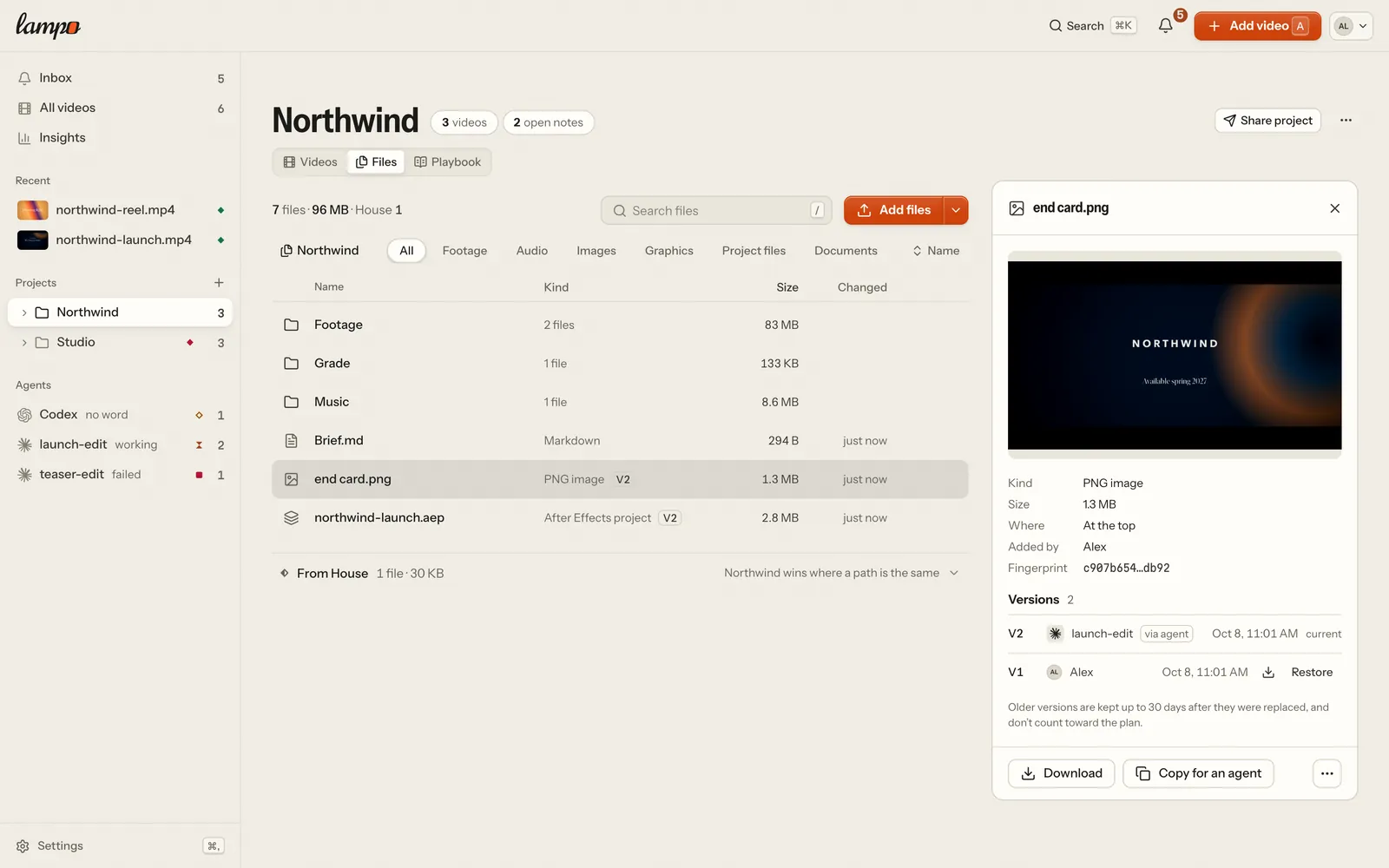 A project's Files tab: its folders (Footage, Grade, Music) and files with their kind, version, size and when they changed; the House’s typeface folded below; and the end card opened beside them with its preview and its two versions, the newer one by the film’s agent