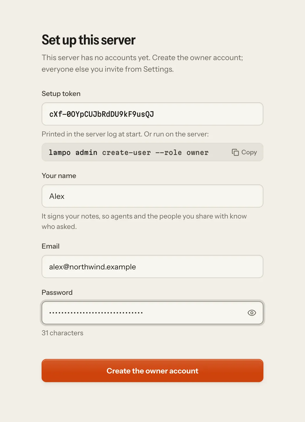A hosted server’s first start: the setup screen with the one-time setup token, name, email and password