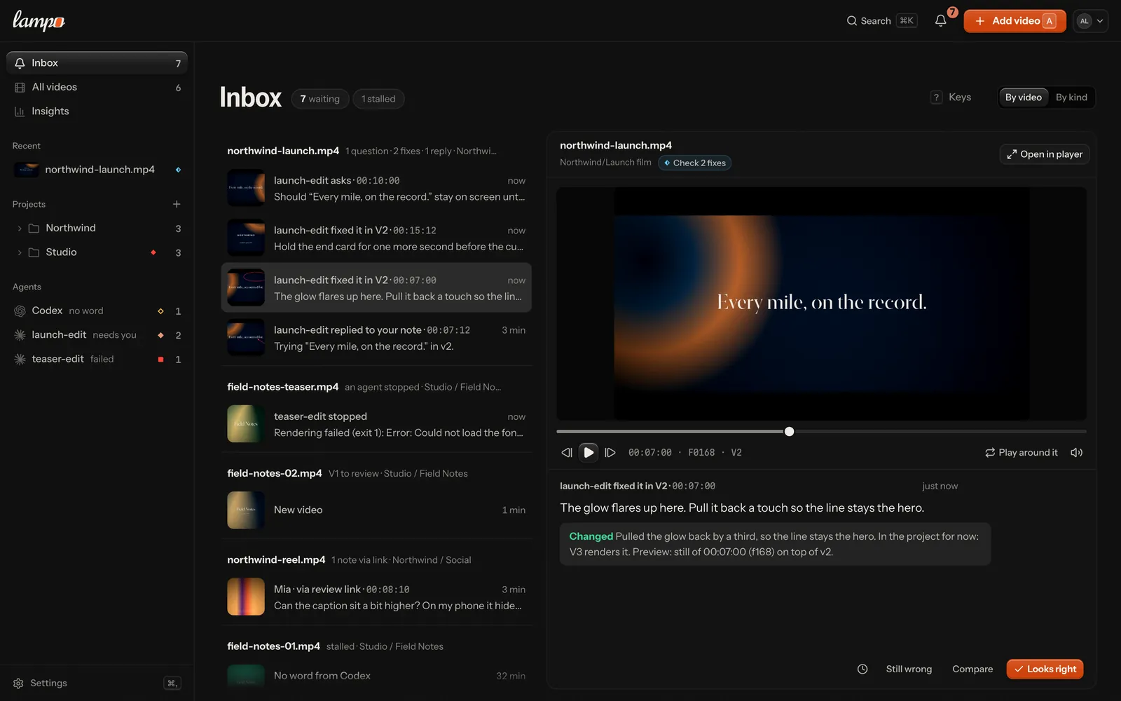 The Inbox by video on a wide screen: an agent's question, fixes to check and a reply on one video, an agent that stopped, a new video to review, a note from a review link and an agent gone quiet on others; the picked fix with its frame and timeline on the right, and Looks right at the bottom