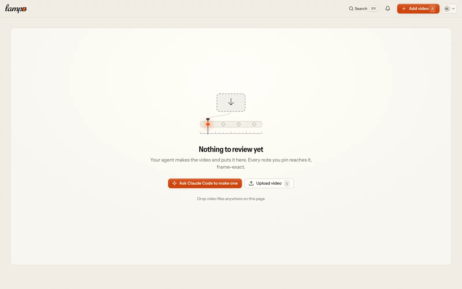 The empty library of a hosted server with Claude Code connected: Ask Claude Code to make one first, uploading a video yourself second