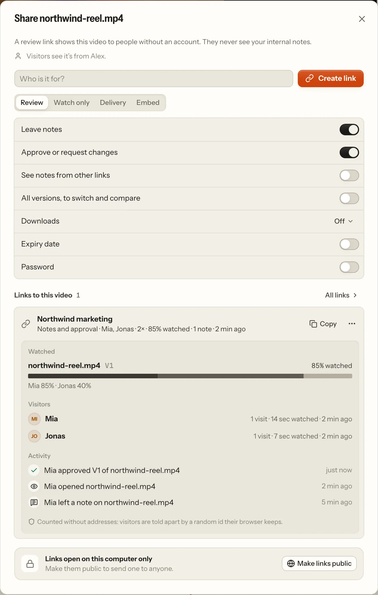 A link’s activity opened in the share dialog: Mia and Jonas, 85% watched, the strip of the parts watched, the visitors and the newest activity