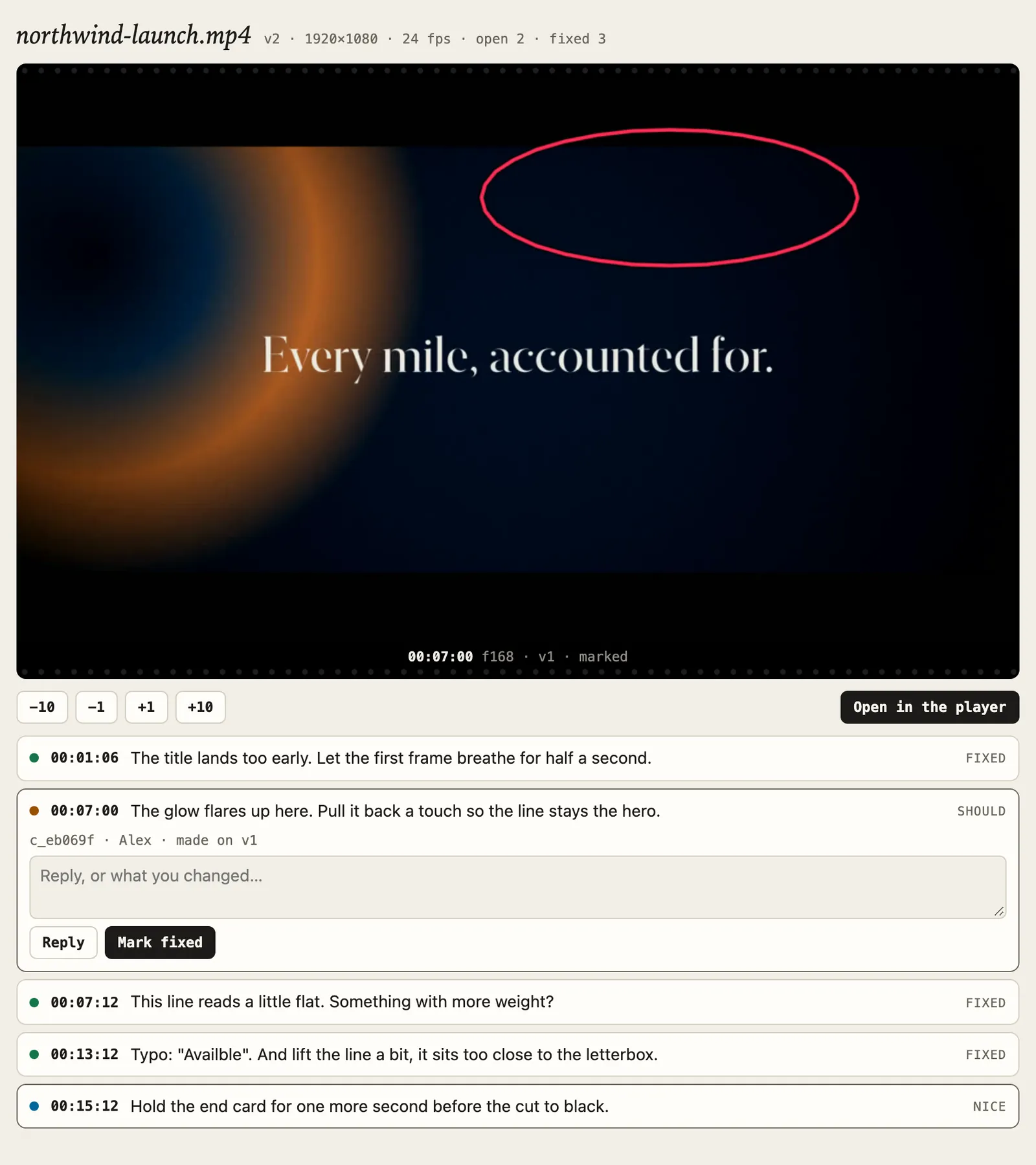 The review card in an MCP Apps host: a note’s marked frame with its drawing, the frame-step buttons, Open in the player, and the open notes, one opened with Reply and Mark fixed