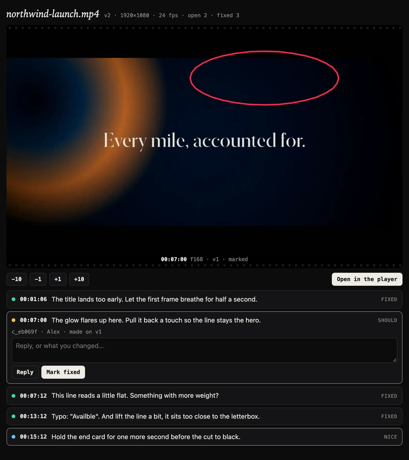 The review card in an MCP Apps host: a note’s marked frame with its drawing, the frame-step buttons, Open in the player, and the open notes, one opened with Reply and Mark fixed