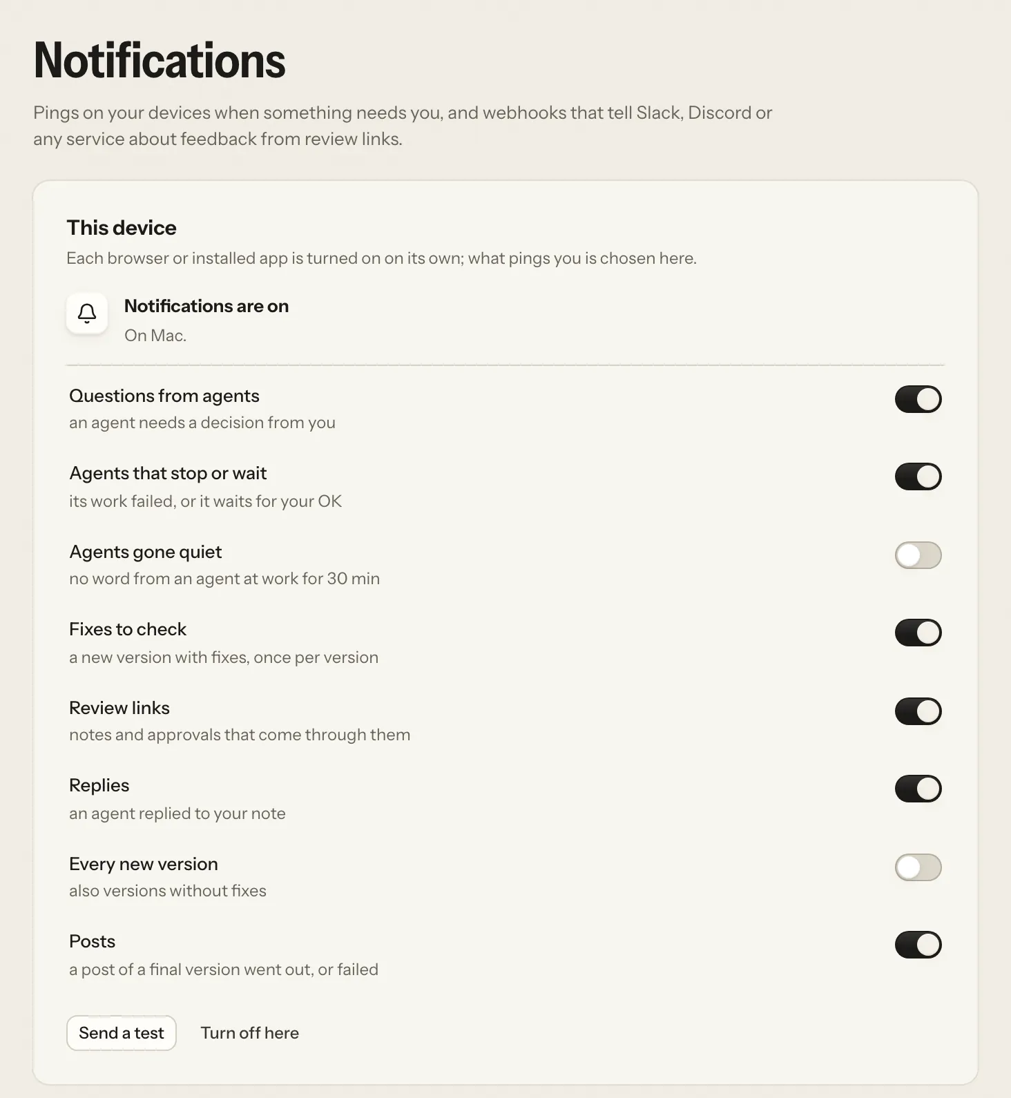 Settings → Notifications: notifications are on for this device, a switch for each kind of ping (agents that stop or wait, and agents gone quiet, among them), Send a test and Turn off here
