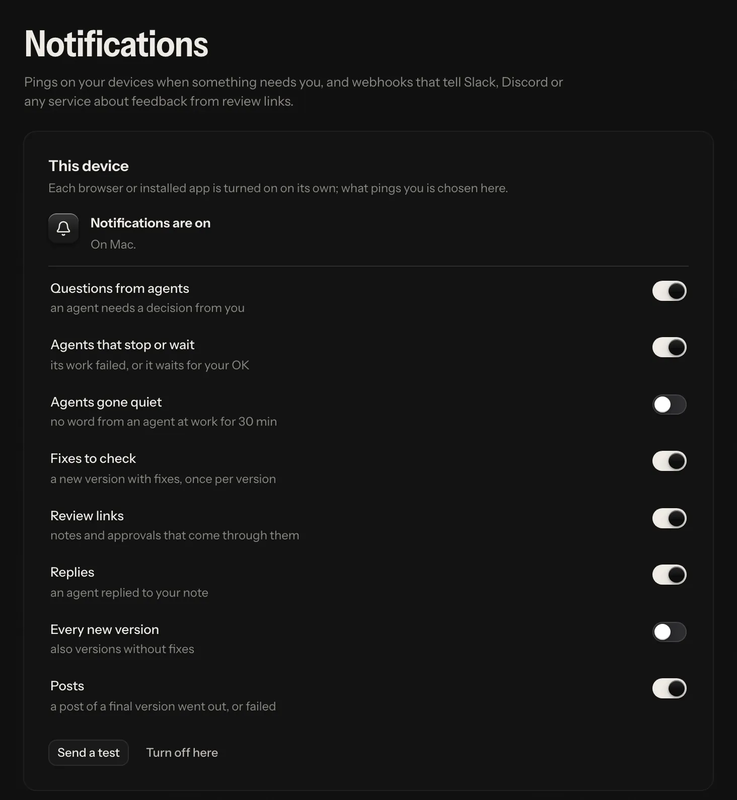 Settings → Notifications: notifications are on for this device, a switch for each kind of ping (agents that stop or wait, and agents gone quiet, among them), Send a test and Turn off here