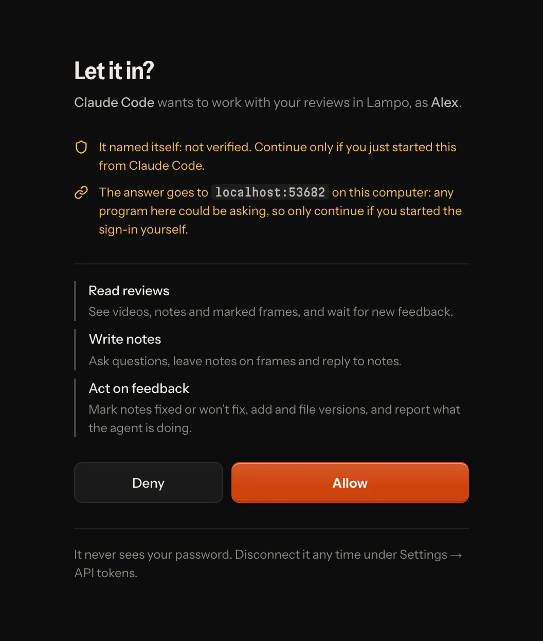 The consent screen an app’s sign-in opens: Claude Code asks, the answer goes to a program on this computer, what it may do, Deny and Allow
