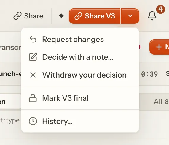 The player’s top bar on an approved V3: the stage glyph, Share V3 and its menu open with Request changes, Decide with a note…, Withdraw your decision, Mark V3 final and History…