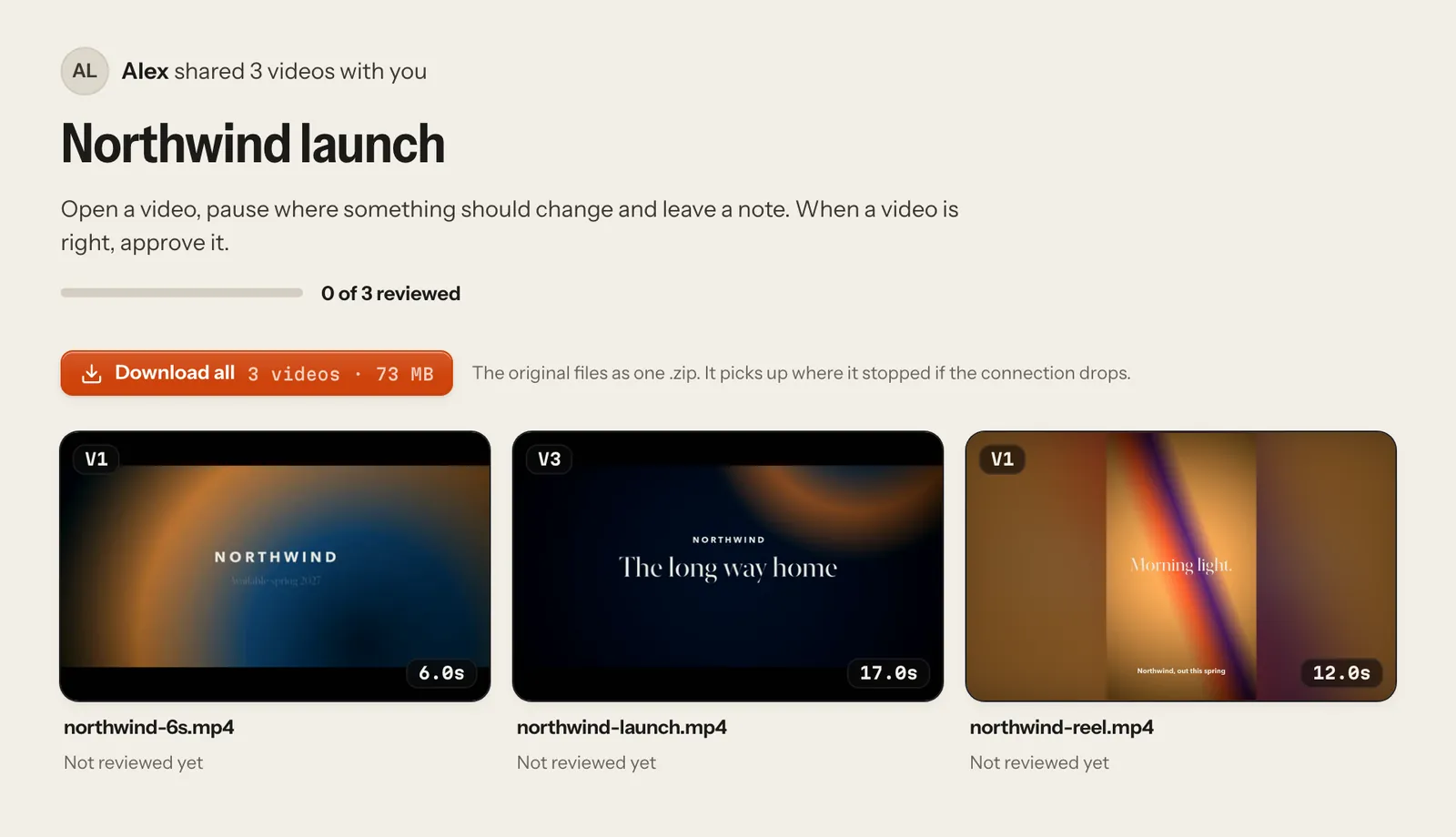 A folder link’s review room: “Alex shared 3 videos with you”, 0 of 3 reviewed, Download all with its size, and the videos with where they stand