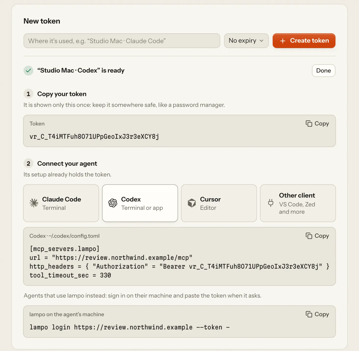 Settings → API tokens right after creating “Studio Mac · Codex”: the token shown once, the lampo login line, and the Codex config with the token in it