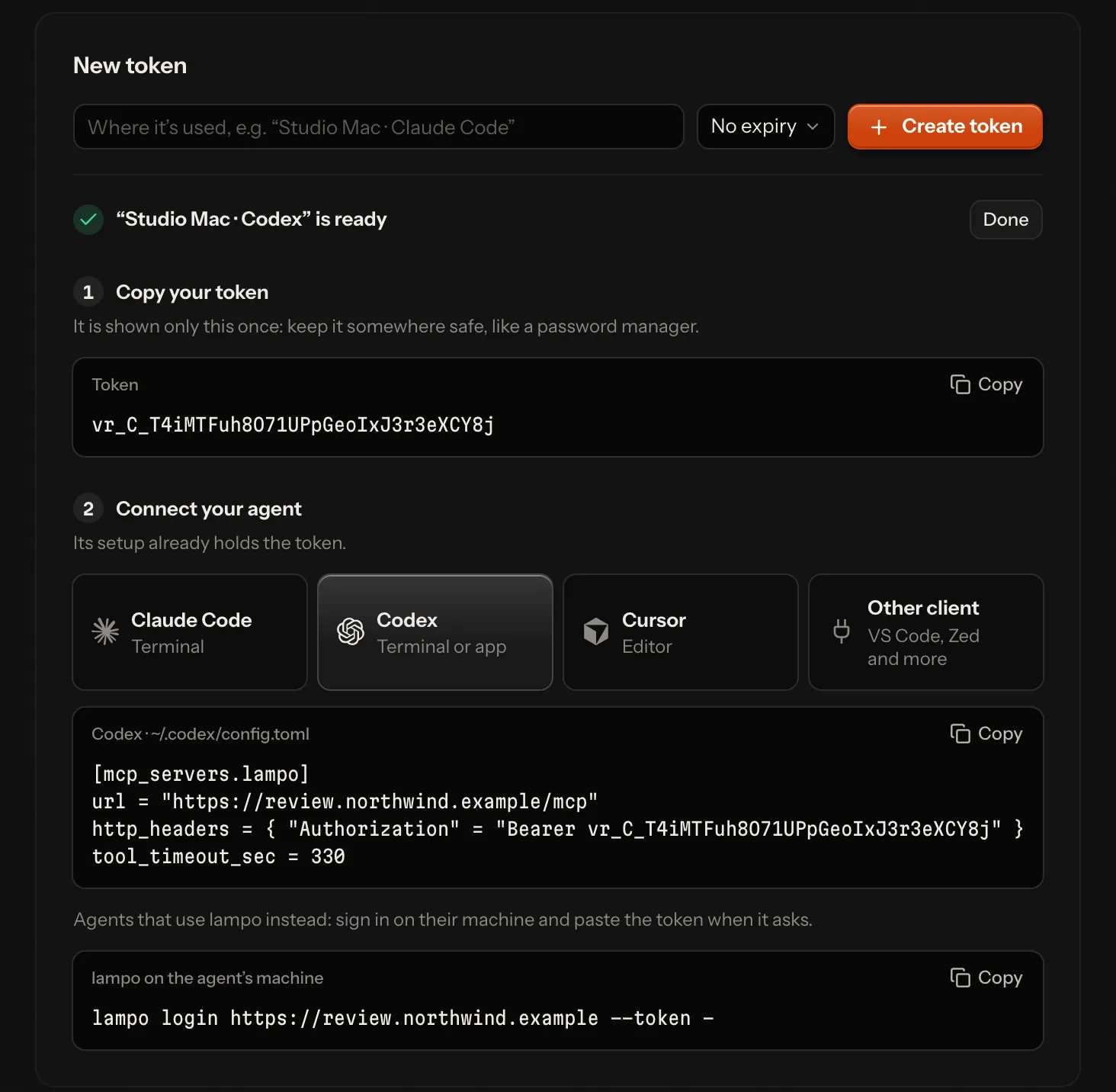 Settings → API tokens right after creating “Studio Mac · Codex”: the token shown once, the lampo login line, and the Codex config with the token in it