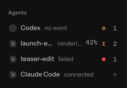 The sidebar's Agents: Codex not heard from, launch-edit rendering at 42 %, teaser-edit failed, each with how many videos it is on, and Claude Code connected, on no video yet