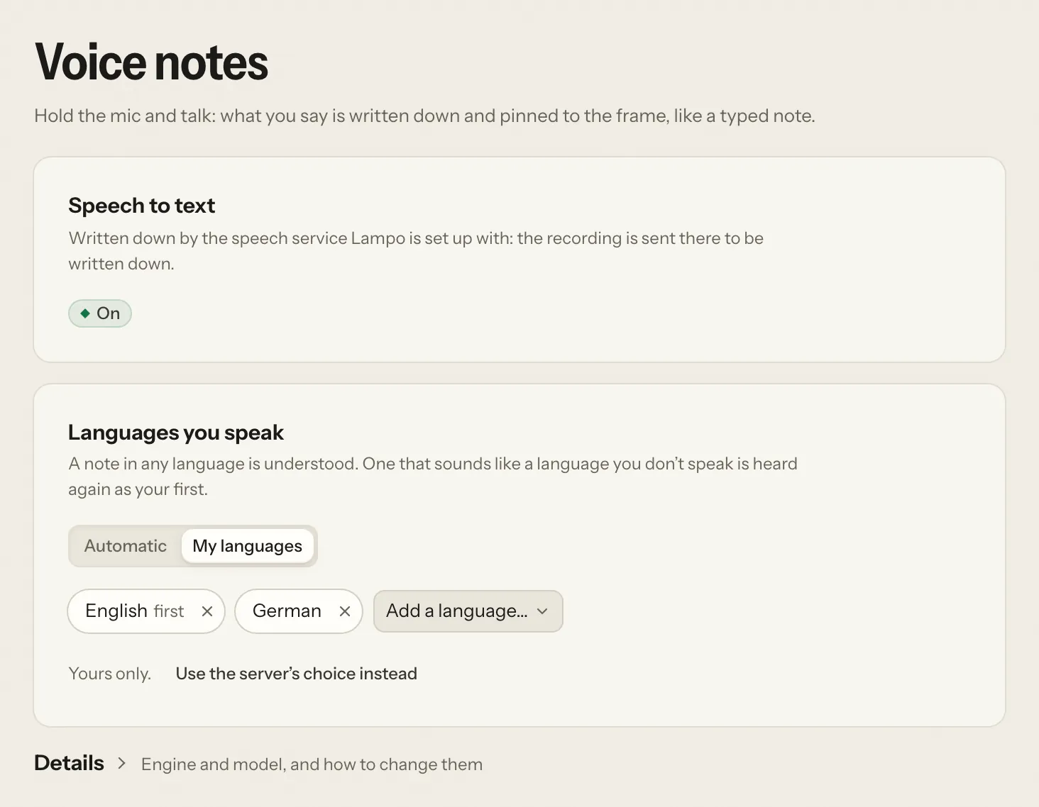 Settings → Voice notes: speech to text is on, My languages with English first and German, and Details folded
