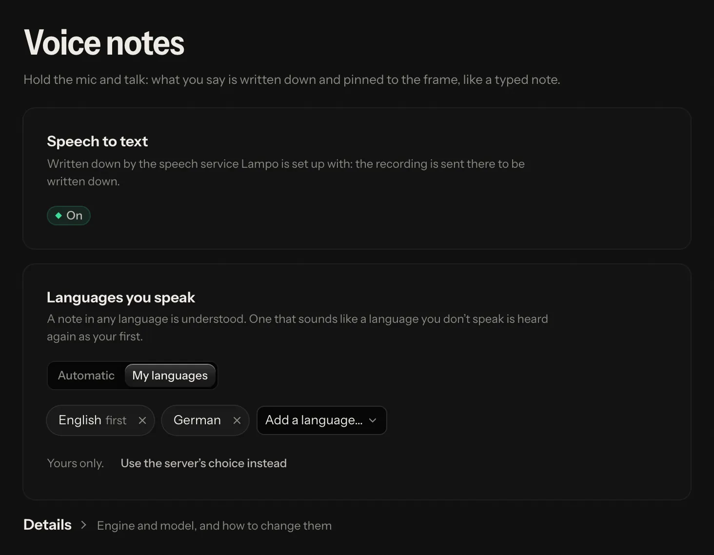 Settings → Voice notes: speech to text is on, My languages with English first and German, and Details folded